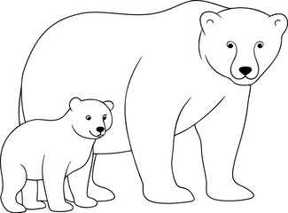 Outlined mother polar bear protects her cub in this minimalist line art