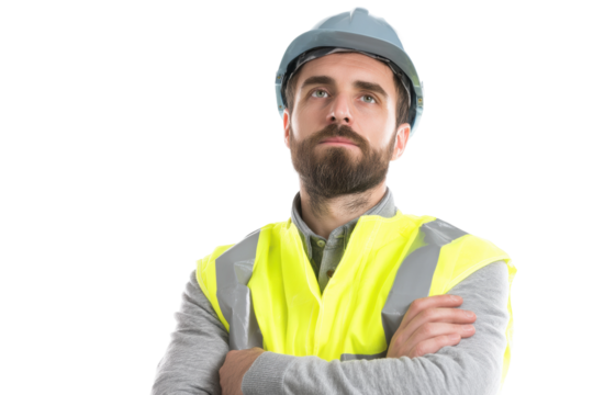 Caucasian male construction worker in safety gear with reflective vest and hard hat on black background, cut out - Powered by Adobe