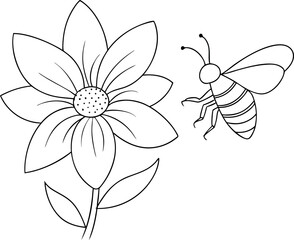 Simple monochrome design showing a bee flying towards a flower with white background