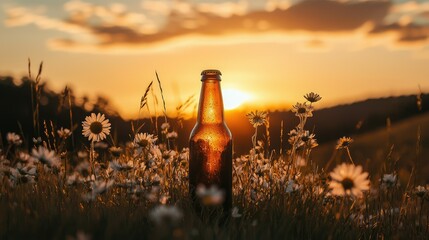 A beer bottle among wildflowers on a hill during golden hour