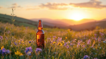 A beer bottle among wildflowers on a hill during golden hour
