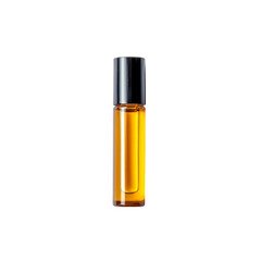 Amber Glass Roll-On Bottle with Black Lid, Isolated on Black Background