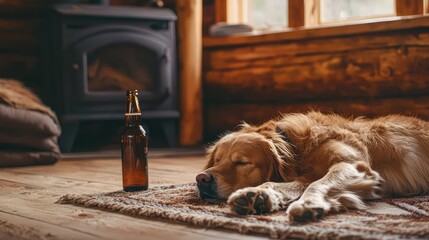 A beer bottle beside a dog lying on a rug in a cabin