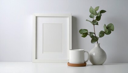 Mockup White Picture Frame with Coffee Mug  Eucalyptus in Vase on White Desk.