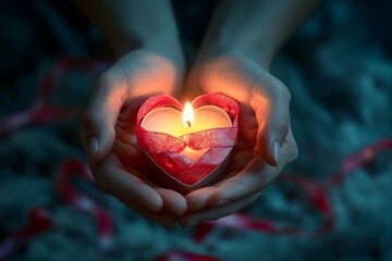 Fight cancer.World cancer day.Cancer awareness.A moving image of hands holding a glowing heart-shaped candle, surrounded by cancer awareness ribbons, symbolizing hope