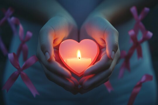 A moving image of hands holding a glowing heart-shaped candle, surrounded by cancer awareness ribbons, symbolizing hope.Cancer awareness.Fight cancer.World cancer day.