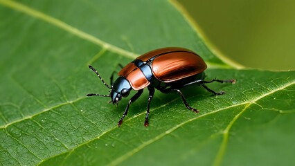 Naklejka premium Shiny red beetle with black legs resting on textured green leaf in detailed close-up macro nature view. Insect wildlife concept 