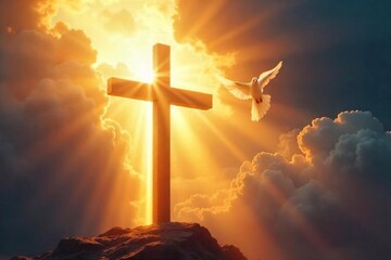 A symbolic depiction of Christian salvation; a dove descending upon a cross, bathed in radiant light, representing hope, peace, and divine grace , sacrifice, freedom, soul
