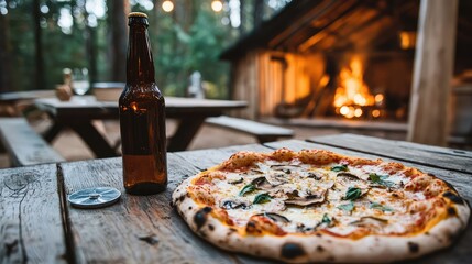 A beer bottle on a table with homemade pizza in a cozy farmhouse