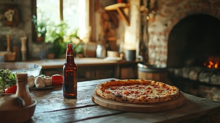 A beer bottle on a table with homemade pizza in a cozy farmhouse