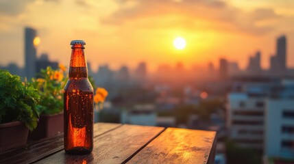 A beer bottle placed on a rooftop garden table at sunset