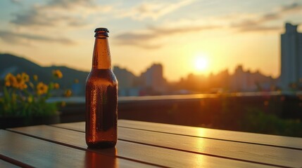 A beer bottle placed on a rooftop garden table at sunset