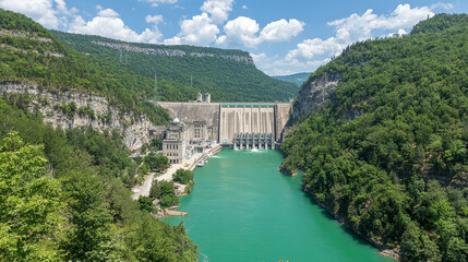 Impressive Hydroelectric Dam and Reservoir Surrounded by Lush Green Mountains in a Remote European Location