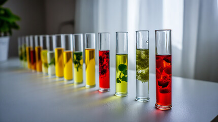 Laboratory Glassware Array with Colorful Liquid Samples on White Tabletop in Brightly Lit Scientific Setting
