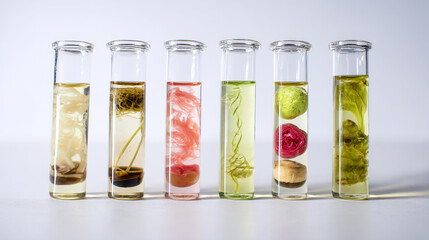 Botanical Specimens Preserved in Glass Tubes with Clear Liquid on White Background for Scientific Study