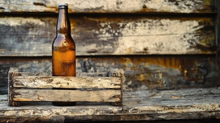 A beer bottle placed on a worn-out wooden crate in a barn