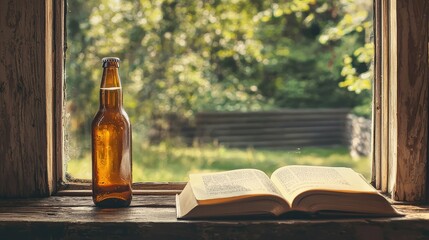 A beer bottle resting beside an open book on a cottage windowsill