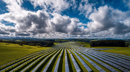 Extensive Solar Panel Array on Rolling Green Hills Under a Cloudy Sky in a Rural Setting