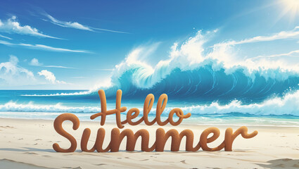 A colorful beach scene with summer greetings on a sandy beach, waves and the blue sky.