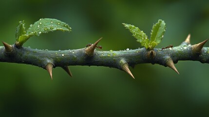 Tiny ants on a thorny branch, glistening with dew drops