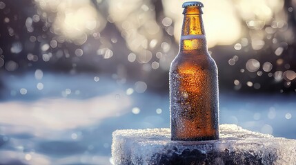 A beer bottle resting on an ice block with frozen mist