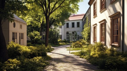 Obraz premium Serene Courtyard: Sunlit Path Among Historic Buildings