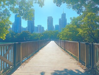 Fototapeta premium Wooden bridge leading to city skyline framed by lush green trees and clear blue sky