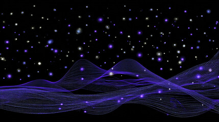 Abstract Purple Landscape A Digital Rendering of Wavy Lines and Glowing Particles in a Dark Space