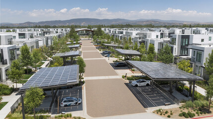 Modern Suburban Community with Solar Panel Carports in California's Scenic Landscape Under Clear Blue Sky