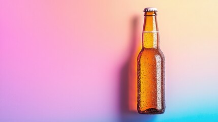 A beer bottle standing against a gradient pastel backdrop