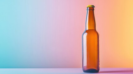 A beer bottle standing against a gradient pastel backdrop