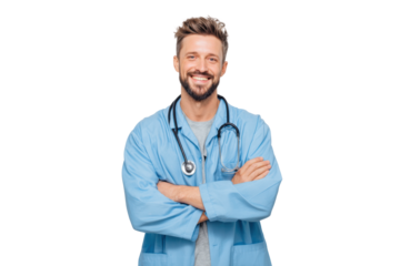 Smiling caucasian male doctor with stethoscope in blue scrubs, cut out