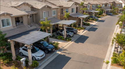Residential Street with Solar Carports in Suburban Neighborhood Offering Shaded Parking and Renewable Energy
