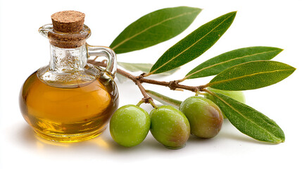 Olive Oil in Glass Bottle with Olives and Leaves on White Background for Culinary Use
