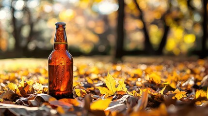 A beer bottle surrounded by autumn leaves in a quiet park