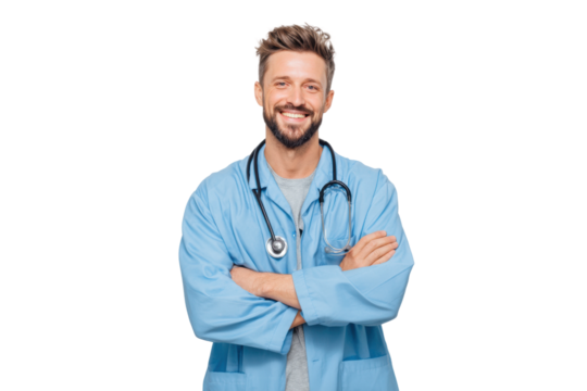 Smiling caucasian male doctor with stethoscope in blue scrubs, cut out - Powered by Adobe