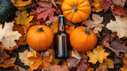 A beer bottle surrounded by pumpkins and fall leaves