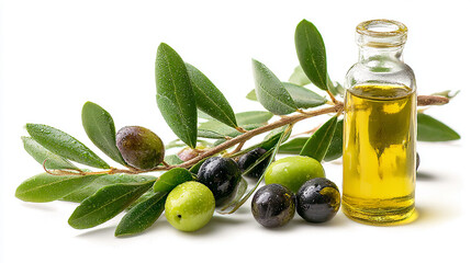 Olive Oil Bottle with Mixed Olives and Branch on White Background Still Life Photography Studio Shot