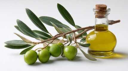 Olive Oil Bottle with Green Olives and Branch on White Background Still Life Photography Studio Shot