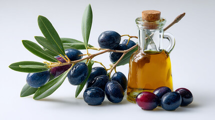 Fresh Olive Branch with Ripe Black Olives and a Glass Bottle of Olive Oil on a Clean White Background