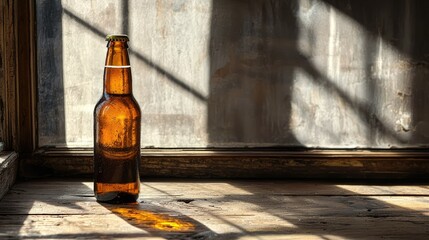 A beer bottle with dynamic shadows from a window pane