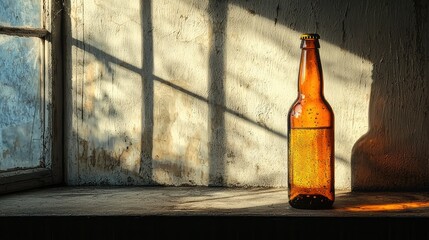 A beer bottle with dynamic shadows from a window pane
