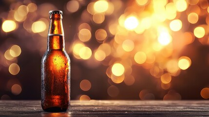 A beer bottle with golden light flares and blurred background