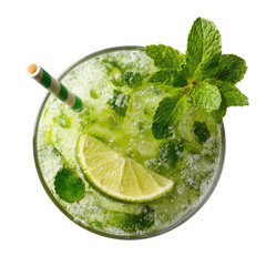 Top View of Refreshing Mojito Cocktail in Clear Glass on Transparent Background


