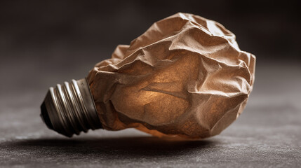 Conceptual Brown Paper Crumpled Light Bulb on Dark Background Symbolizing Creative Block and Idea Generation