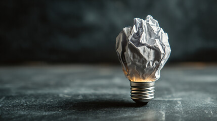 White Paper Crumpled Light Bulb on Dark Background Representing New Ideas and Creative Problem Solving