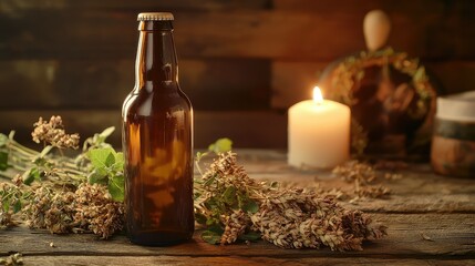 A beer bottle with soft candlelight and dried herbs in the background