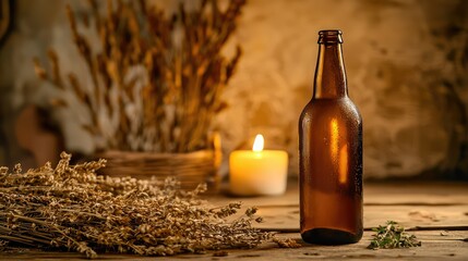 A beer bottle with soft candlelight and dried herbs in the background