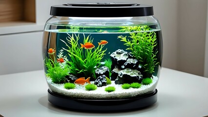 Compact round aquarium with orange tropical fish, white gravel base, and lush green plants on indoor table. Pet care concept
