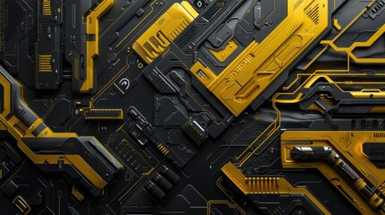 Discover a striking futuristic background featuring vibrant yellow and deep black. Perfect for sci-fi themes, this design showcases intricate technology patterns and a modern aesthetic. Ideal for